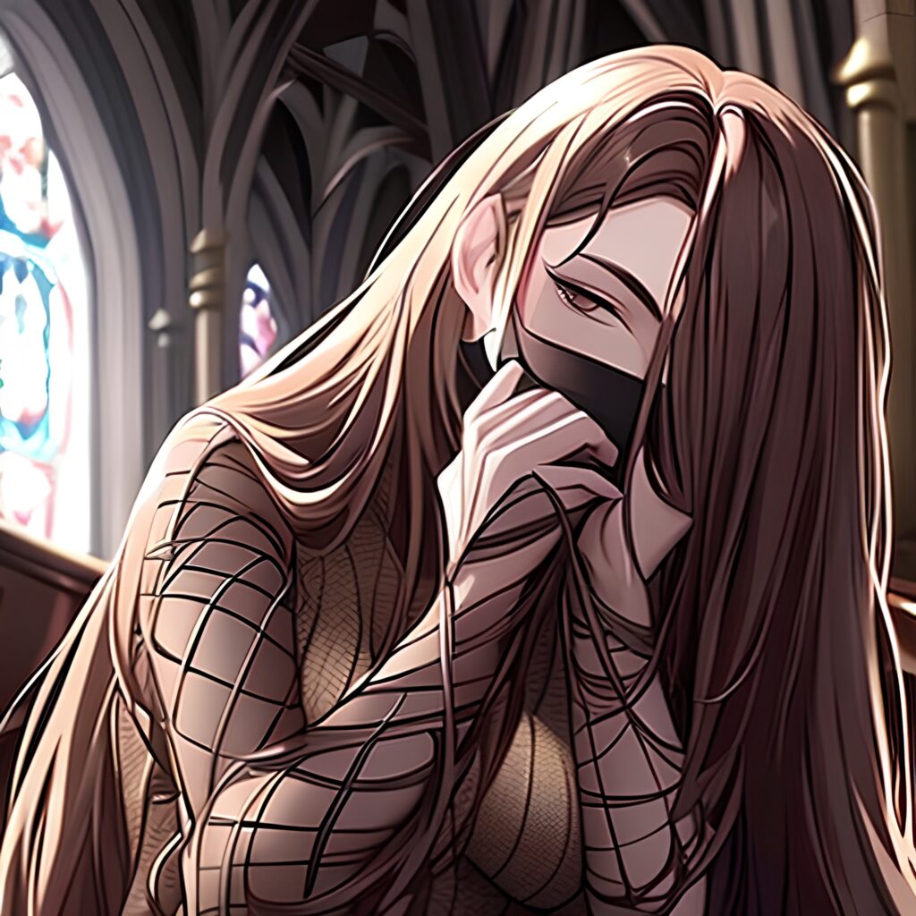 church long hair woman brunette messy hair fishnet 