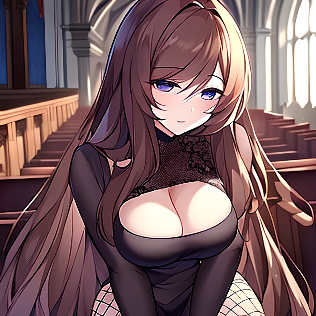 church long hair woman brunette messy hair fishnet 