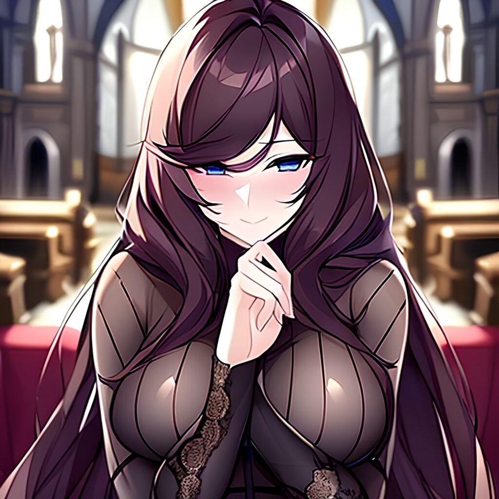 church long hair woman brunette messy hair fishnet 