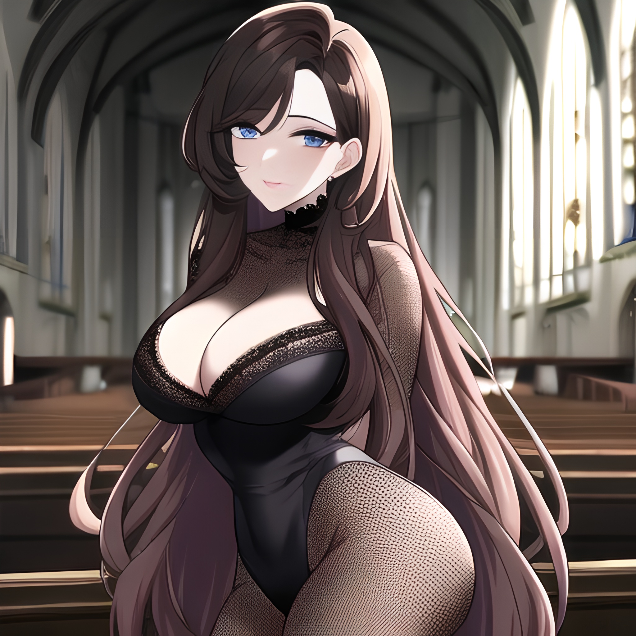 church long hair woman brunette messy hair fishnet 