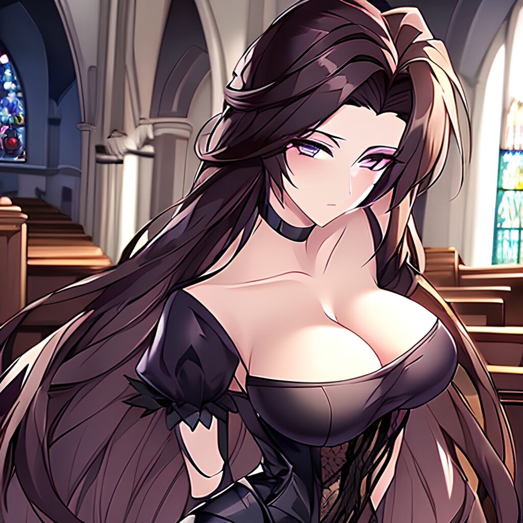 church long hair woman fishnet brunette messy hair