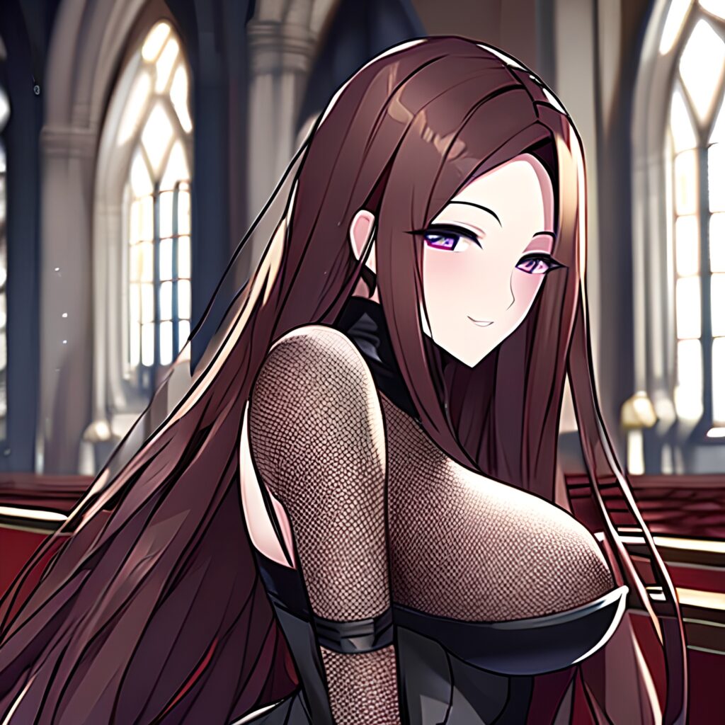 church long hair woman fishnet brunette messy hair