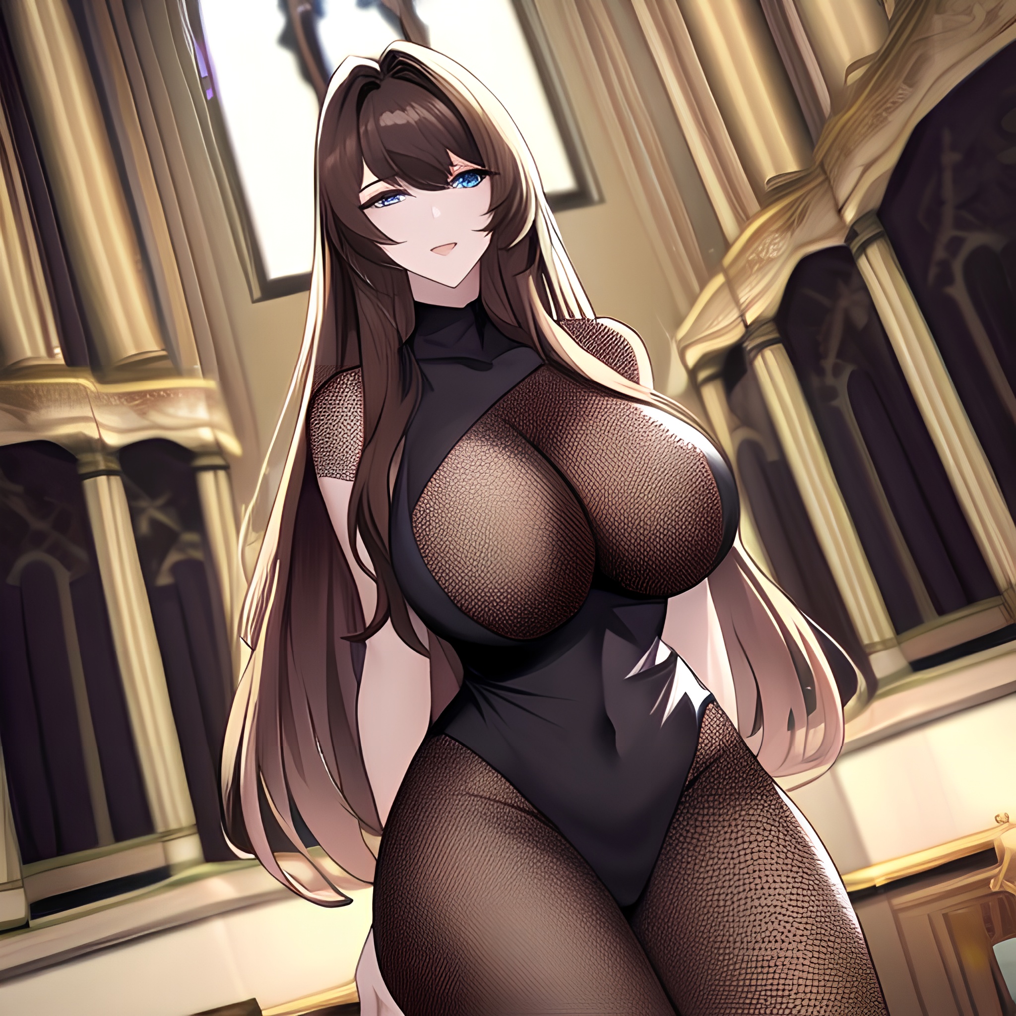 church long hair woman fishnet brunette messy hair 