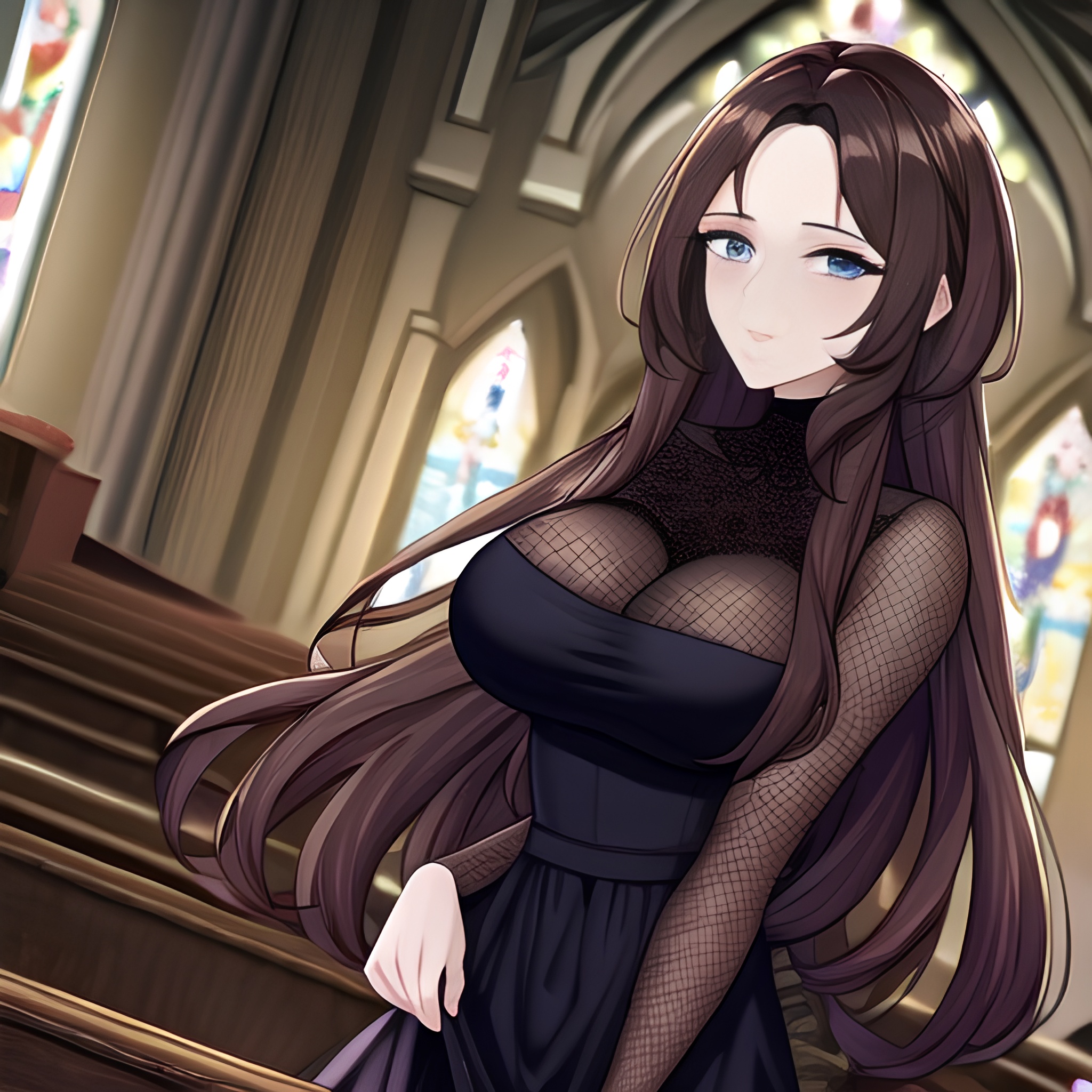 church long hair woman fishnet brunette messy hair 