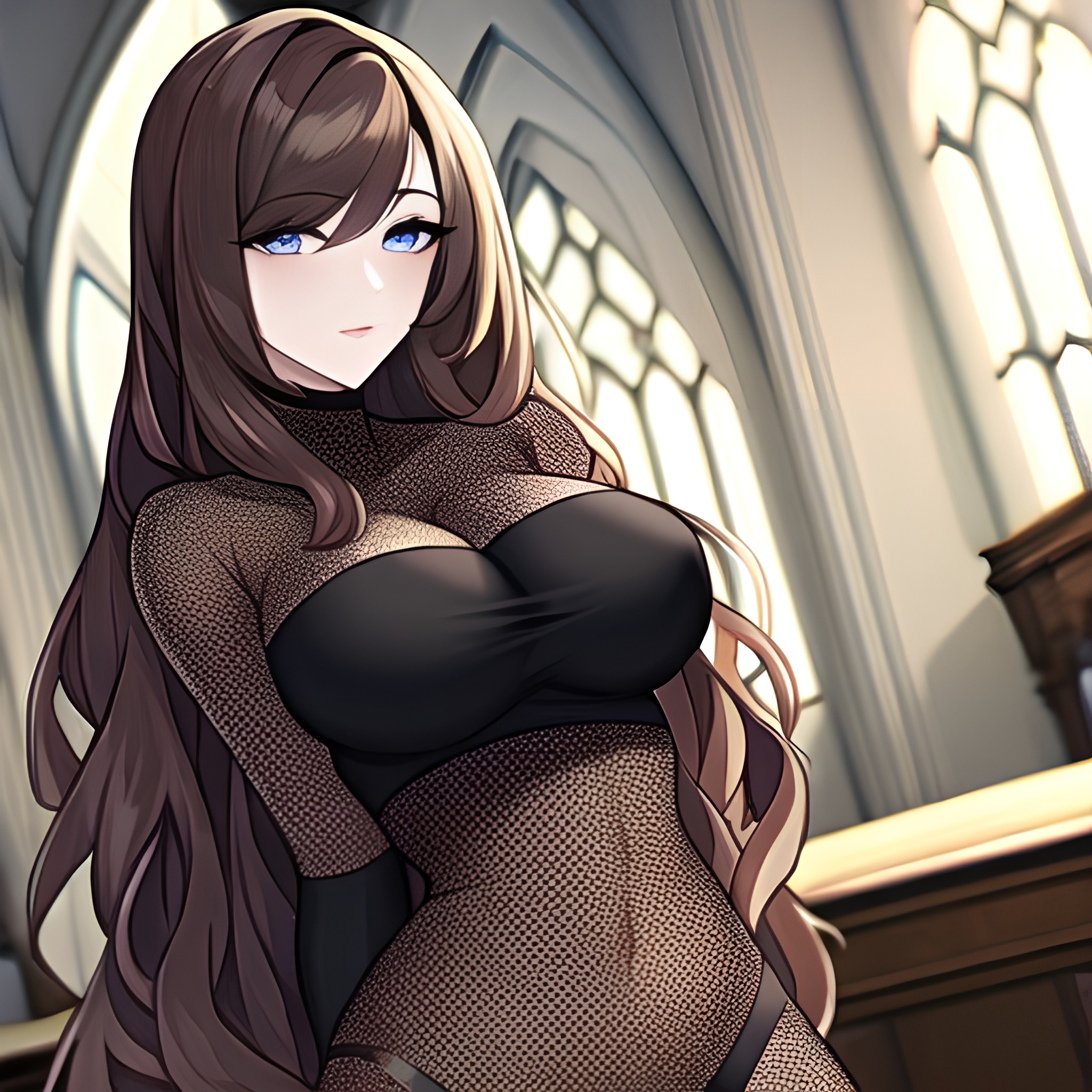 church long hair woman fishnet messy hair brunette 