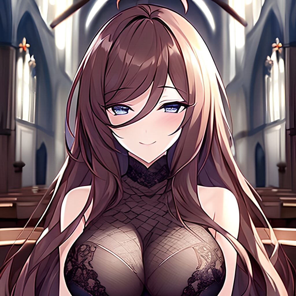 church long hair woman messy hair brunette fishnet 