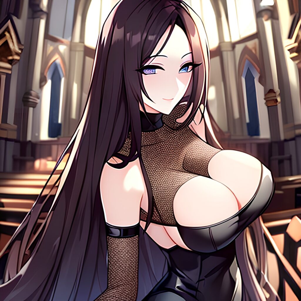 church long hair woman messy hair brunette fishnet 