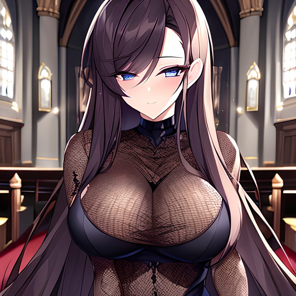 church long hair woman messy hair brunette fishnet 