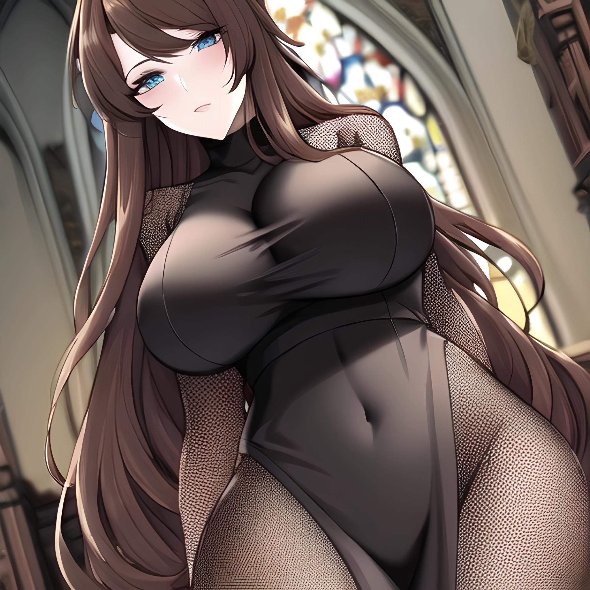 church long hair woman messy hair brunette fishnet 