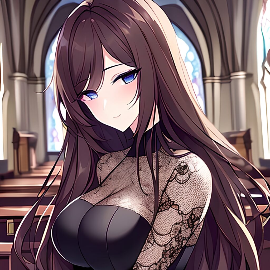 church long hair woman messy hair brunette fishnet 