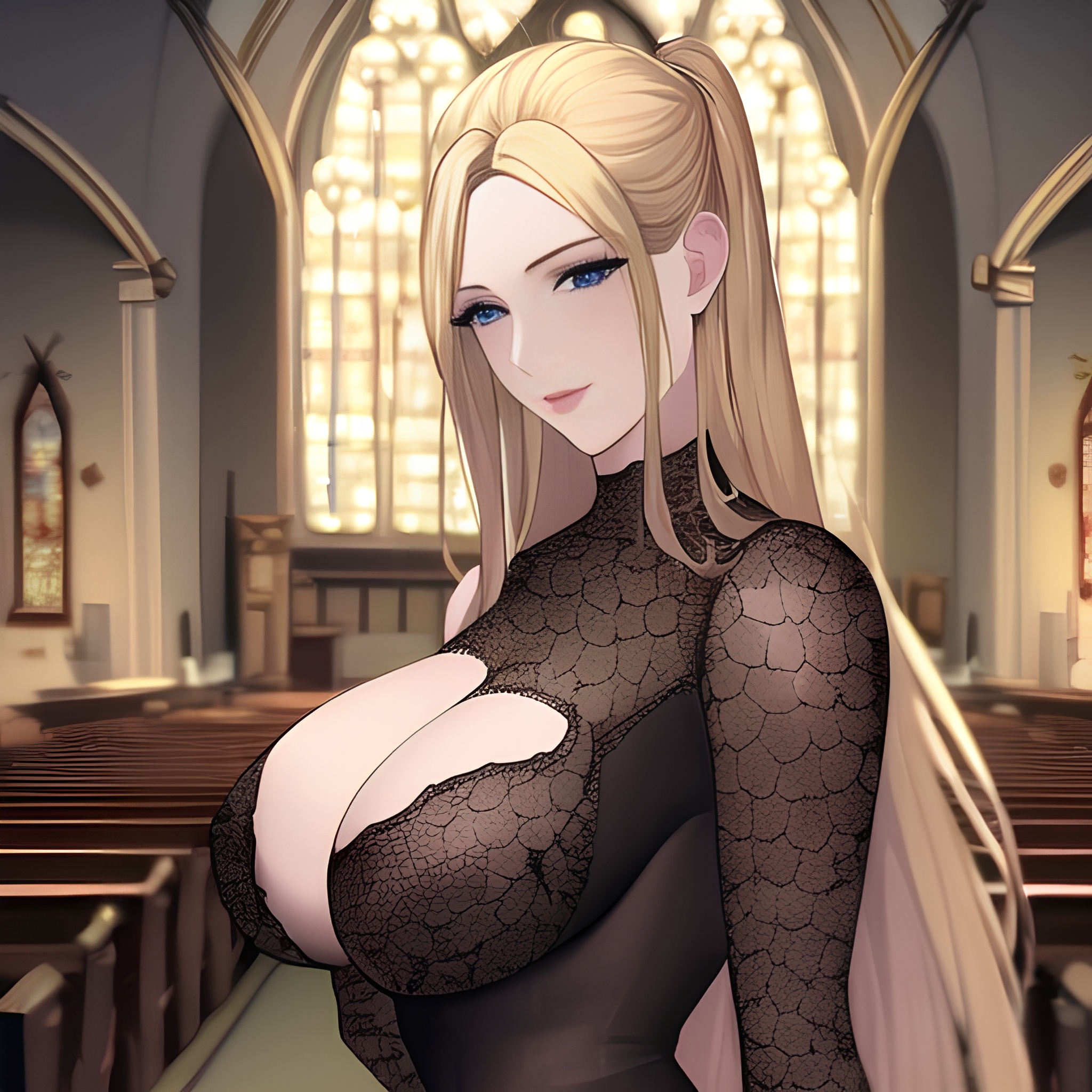 church long hair woman small boobs blonde nude fishnet front view 