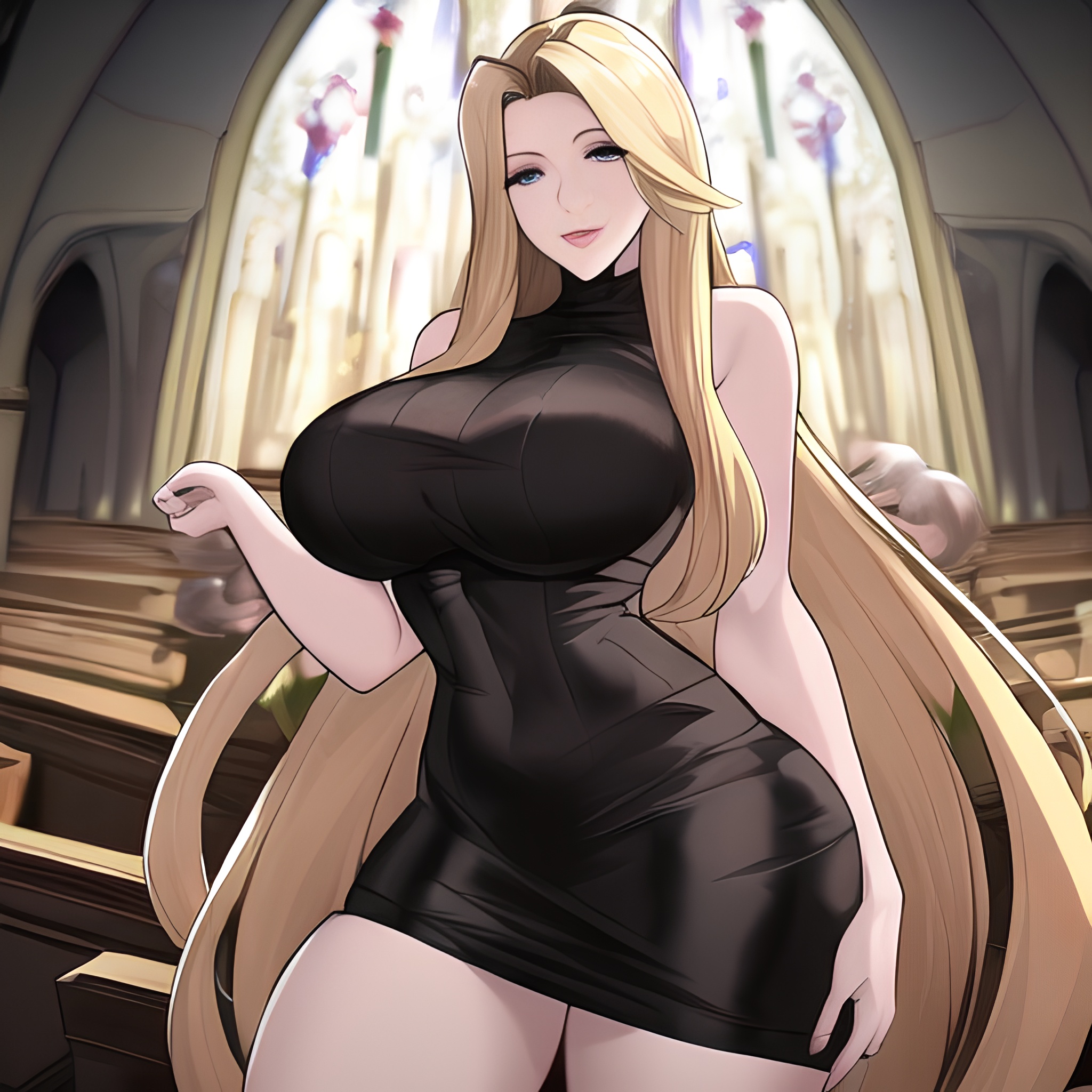 church long hair woman small boobs front view nude blonde fishnet 