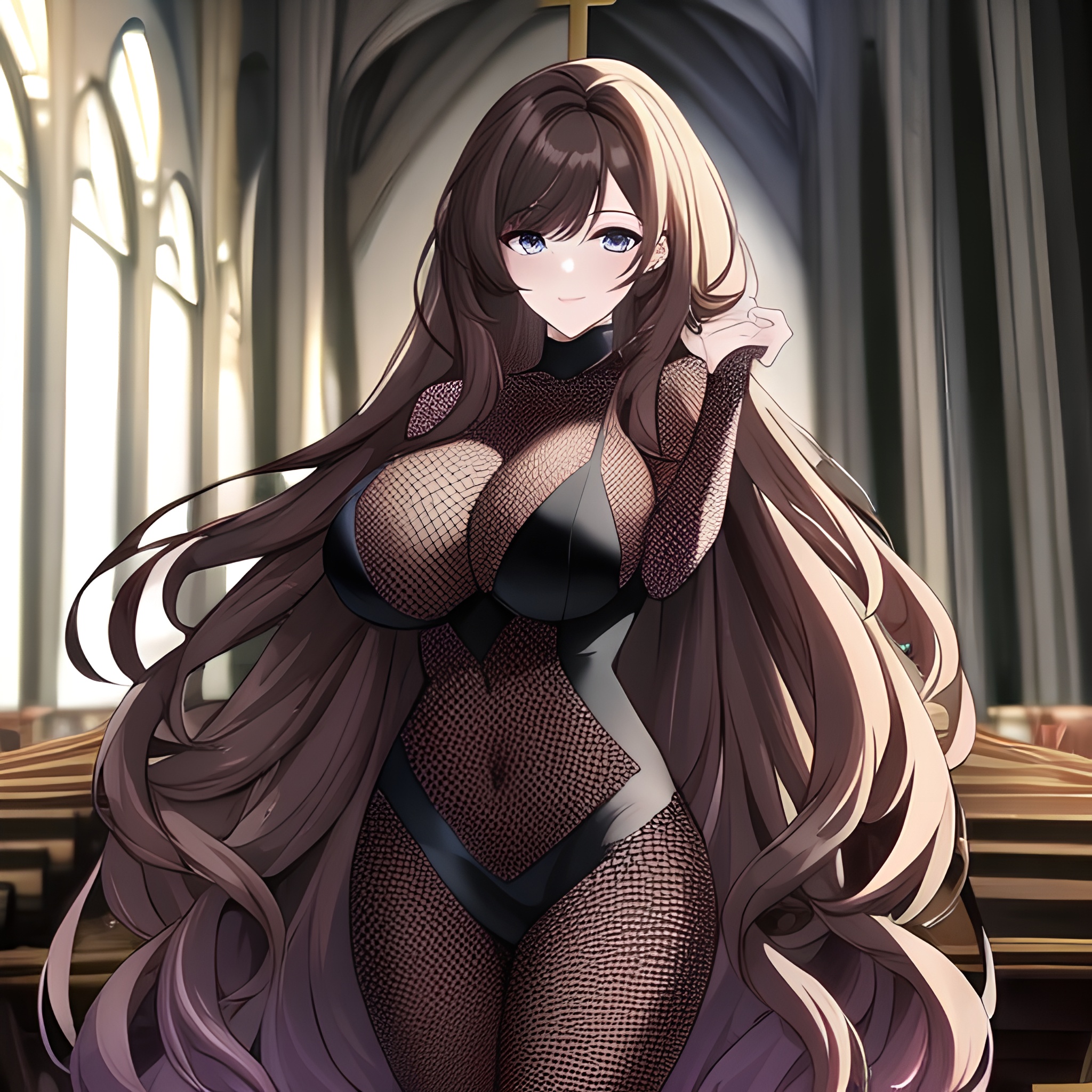 church messy hair brunette fishnet woman long hair 