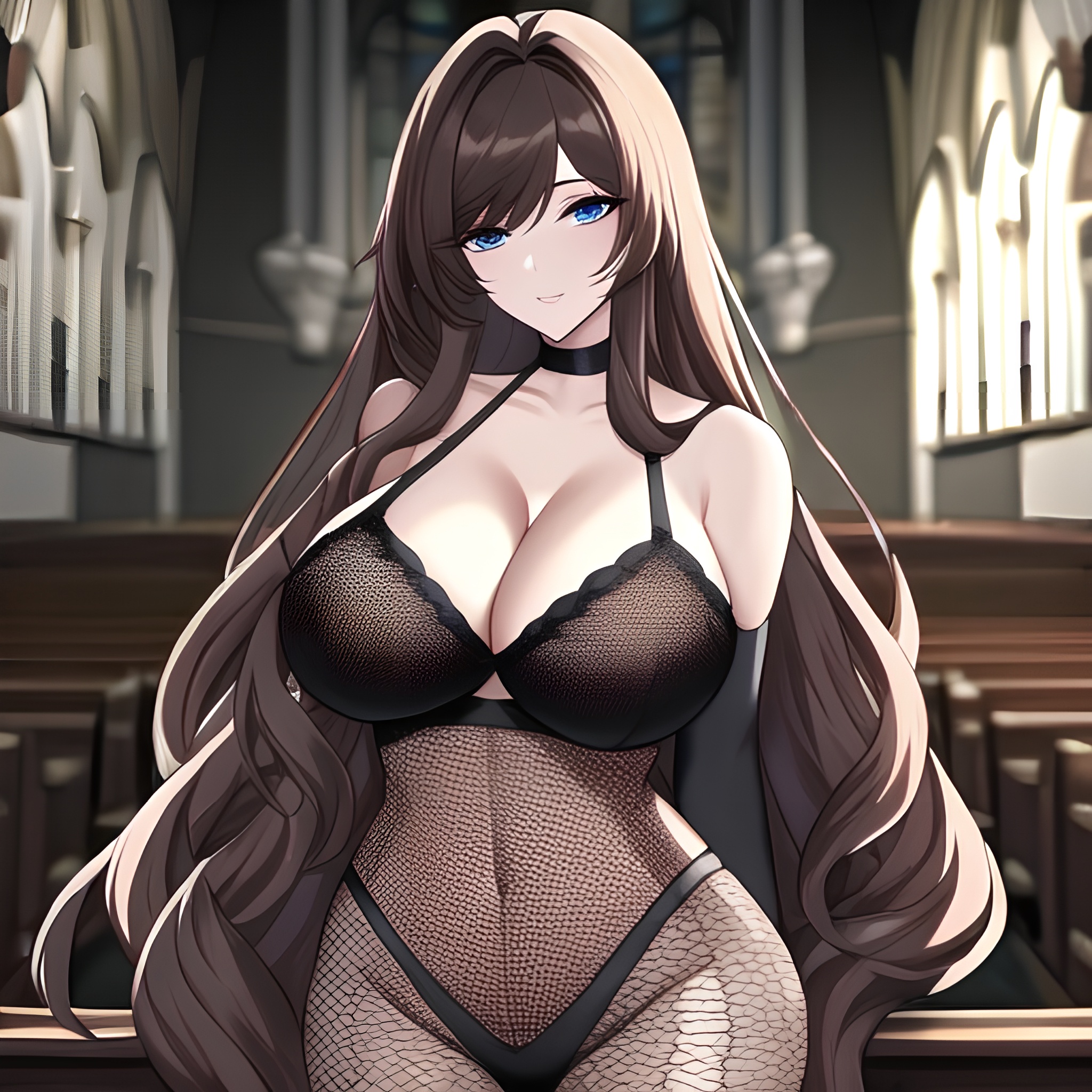 church messy hair brunette fishnet woman long hair 
