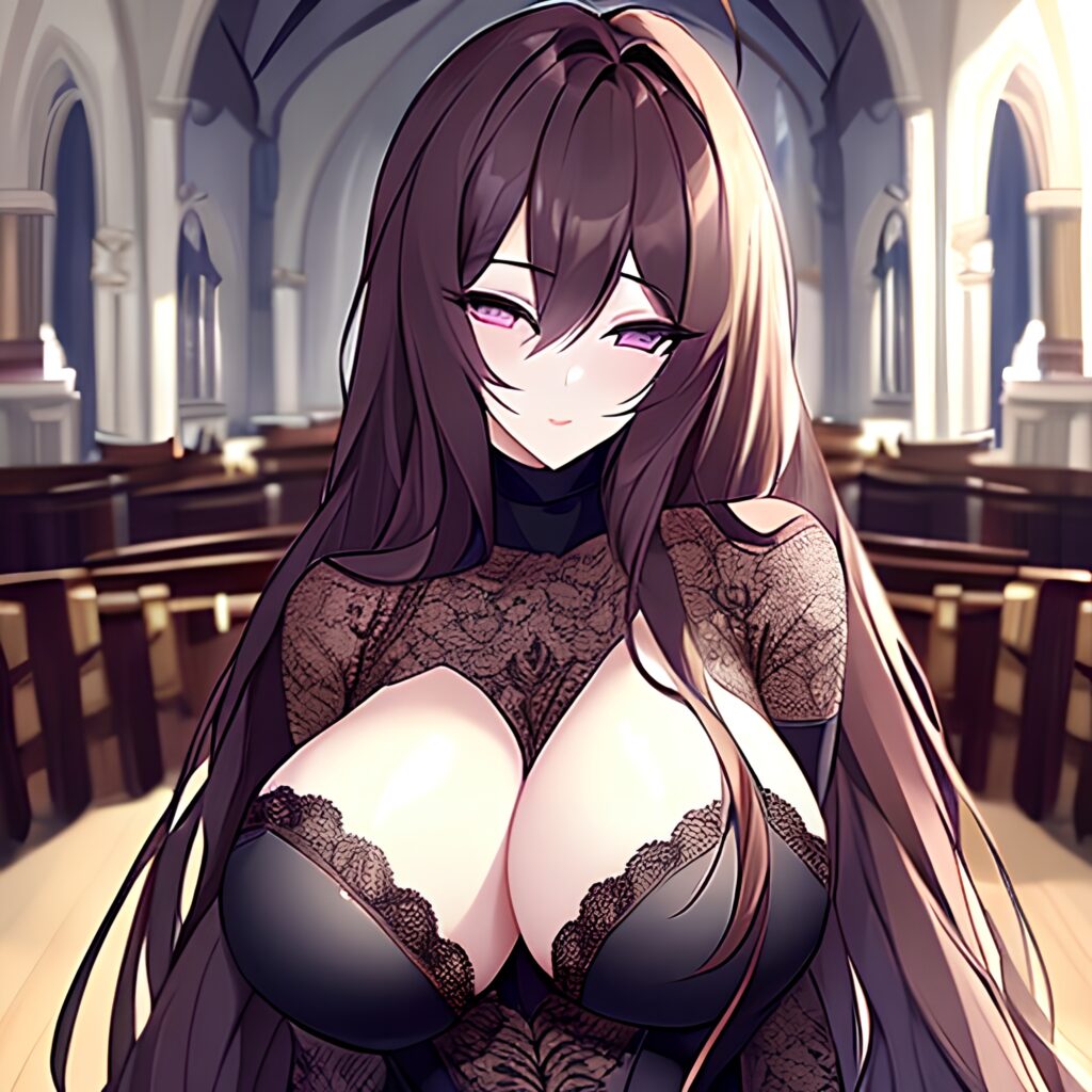church messy hair brunette long hair woman fishnet 