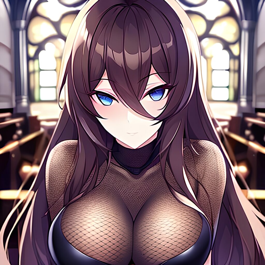 church messy hair brunette long hair woman fishnet 