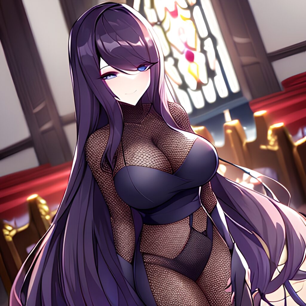 church messy hair brunette long hair woman fishnet 