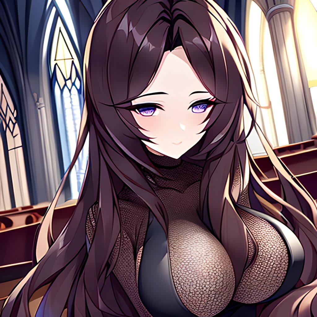 church messy hair brunette long hair woman fishnet 