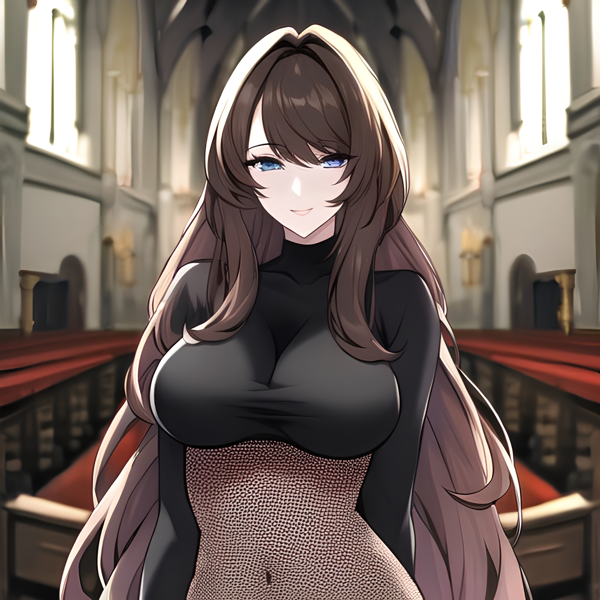 church messy hair brunette long hair woman fishnet 