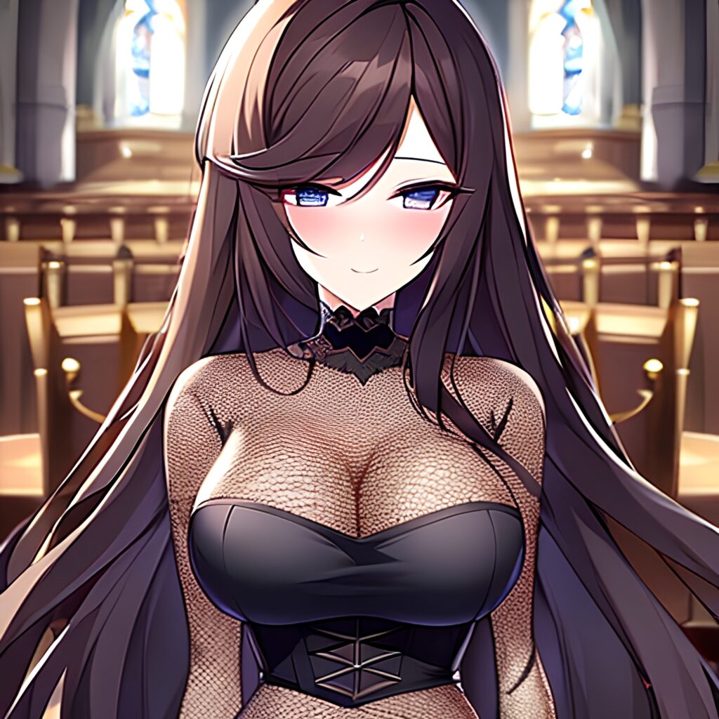 church messy hair brunette long hair woman fishnet 