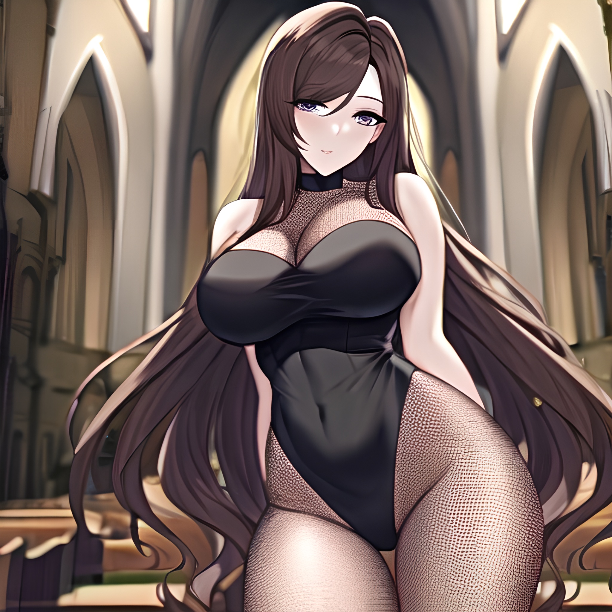 church messy hair brunette woman fishnet long hair 