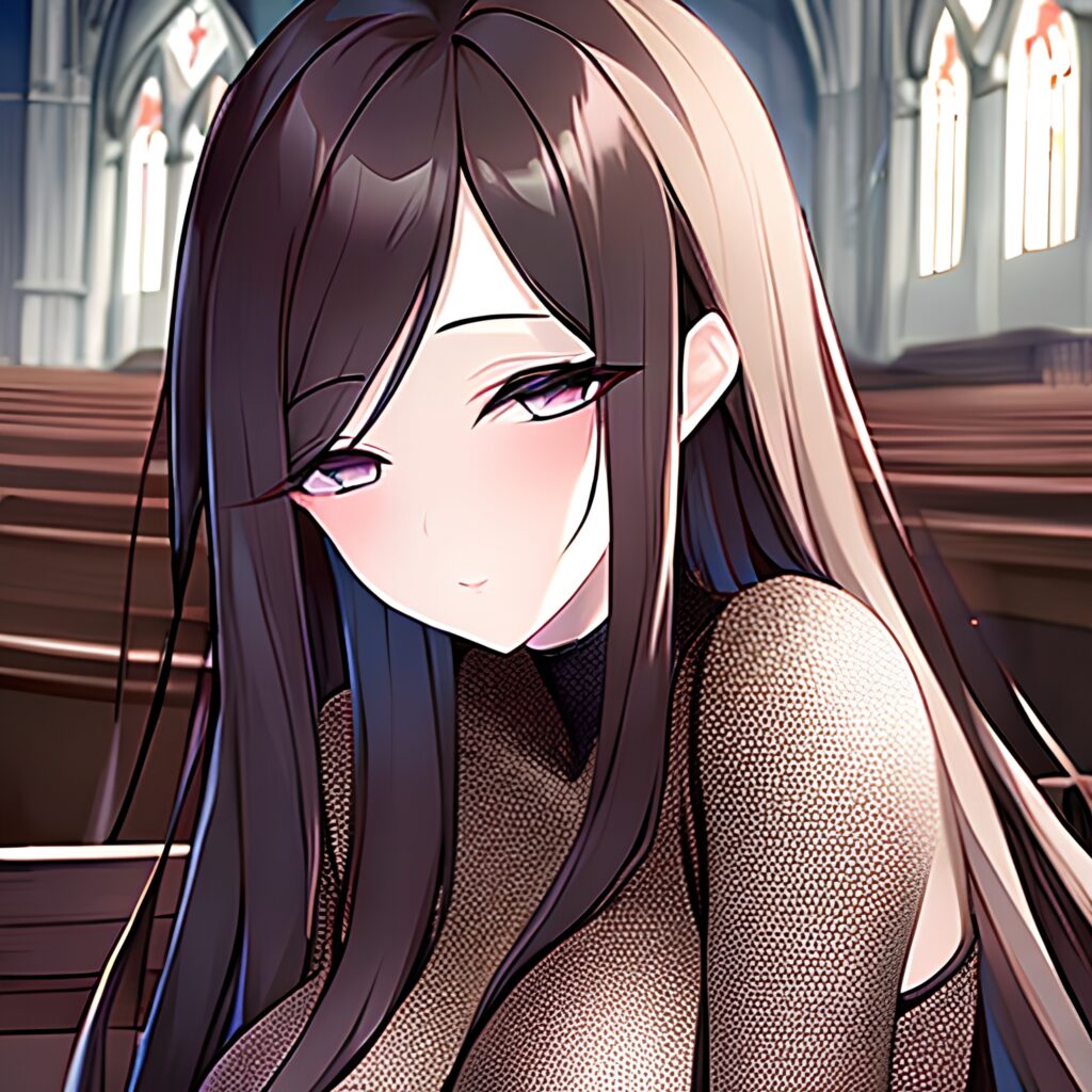 church messy hair brunette woman fishnet long hair 