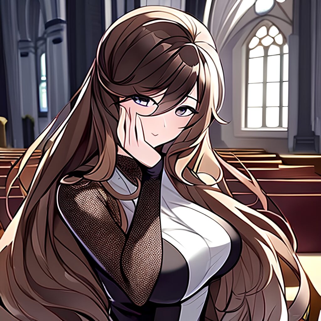 church messy hair brunette woman long hair fishnet 