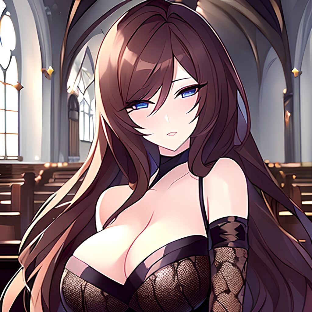 church messy hair fishnet brunette long hair woman 