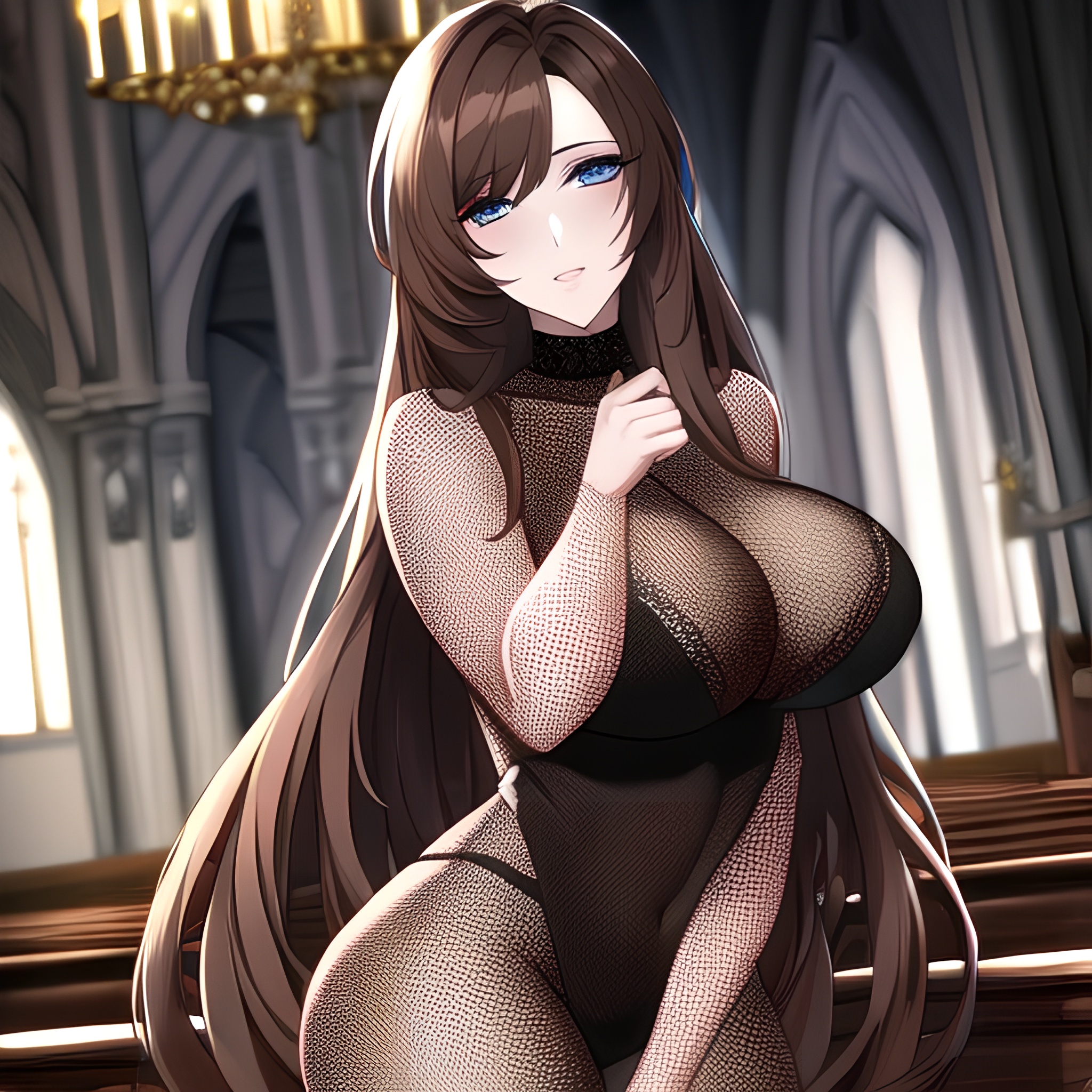 church messy hair fishnet brunette long hair woman 