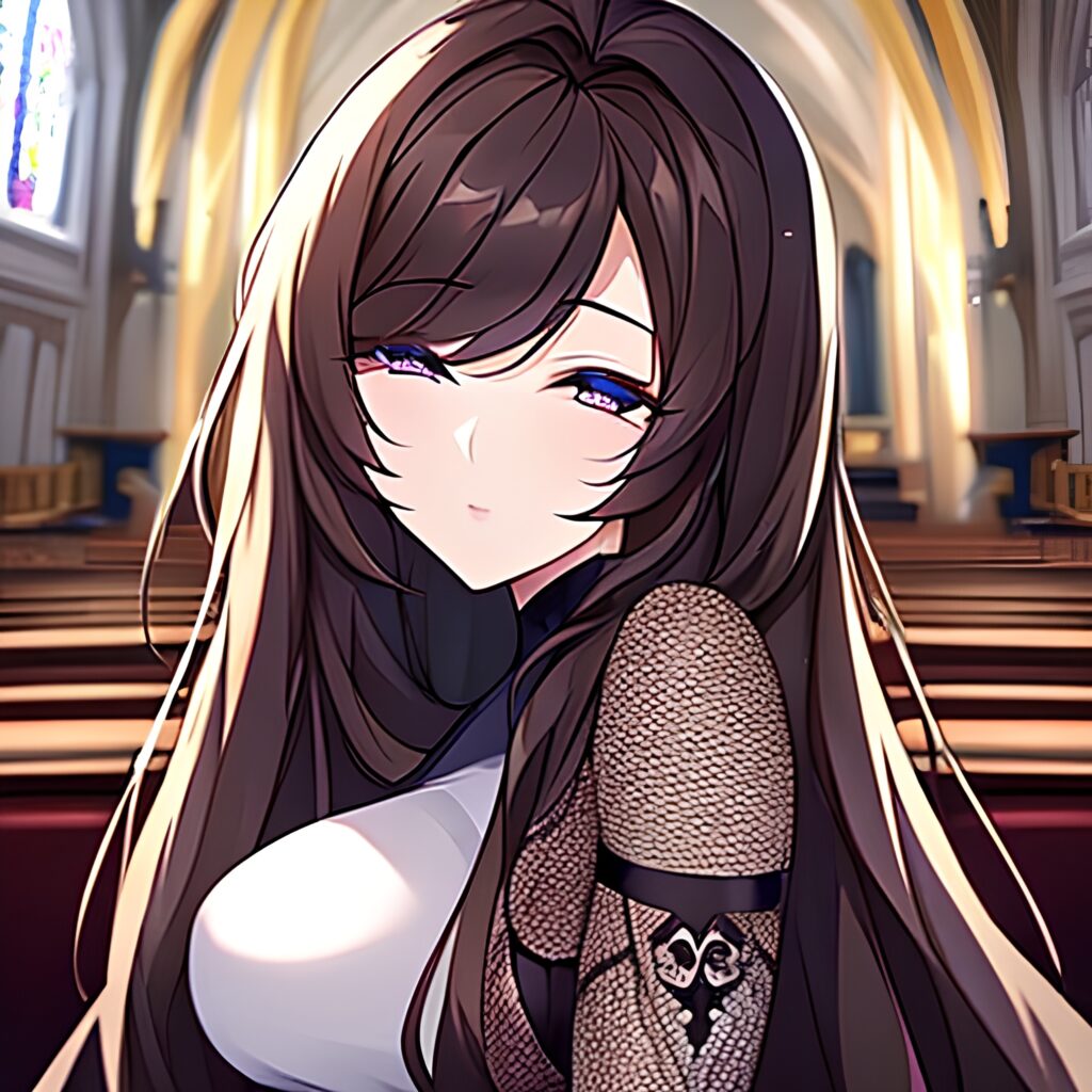 church messy hair fishnet brunette long hair woman 