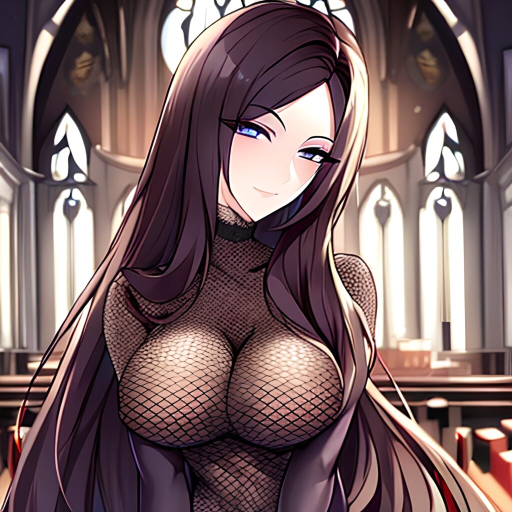 church messy hair fishnet long hair brunette woman 