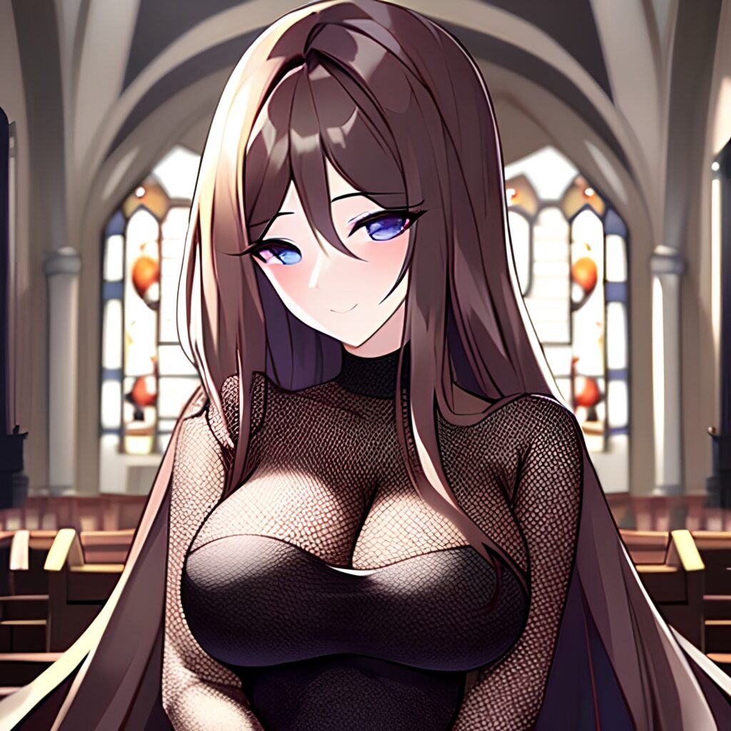 church messy hair fishnet long hair brunette woman 