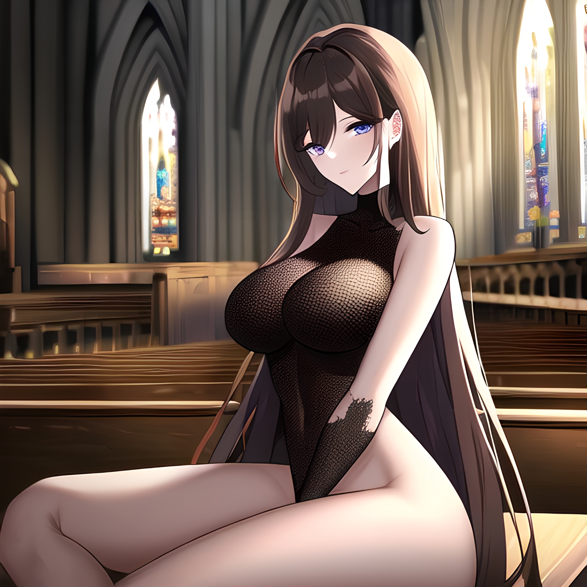 church messy hair fishnet long hair woman brunette 