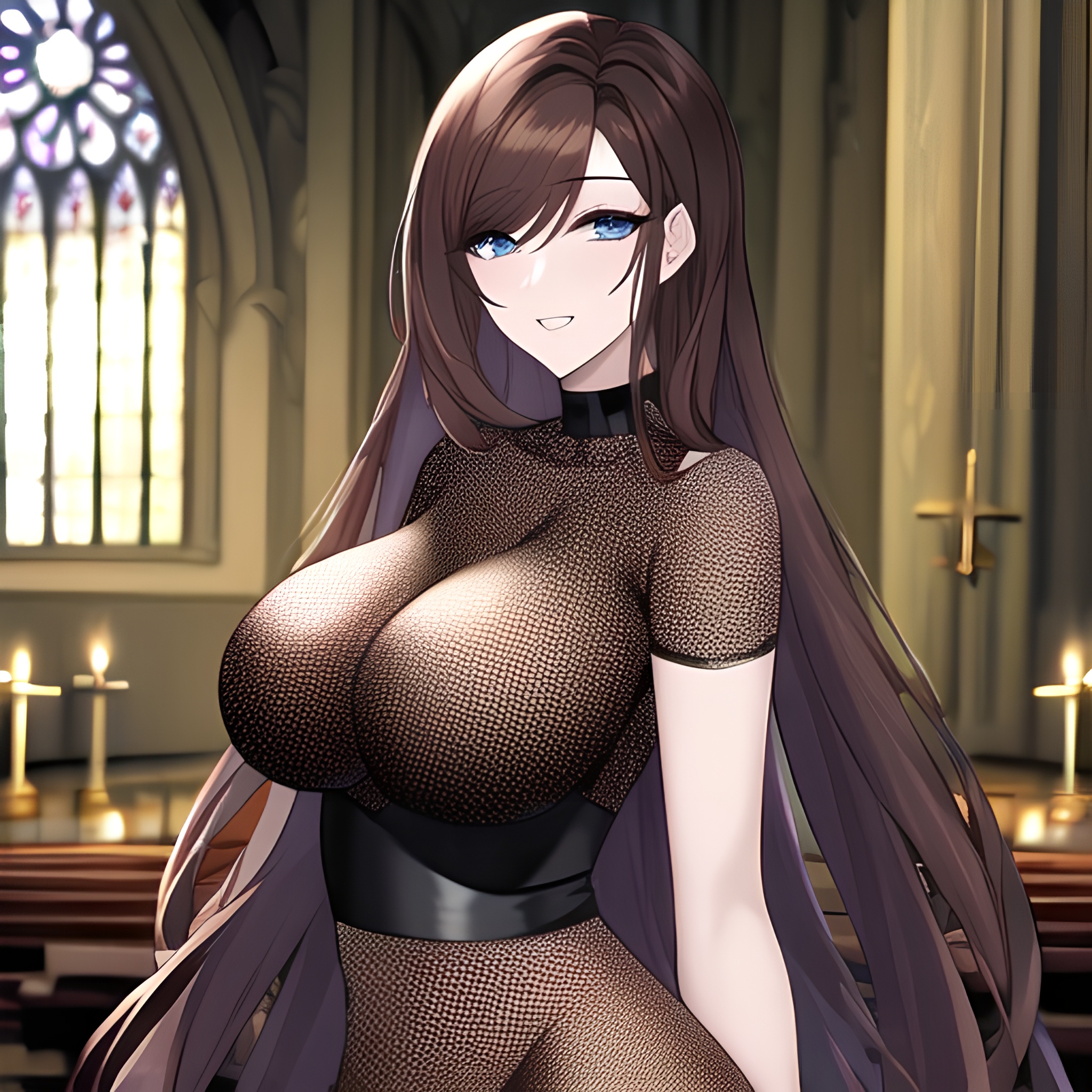 church messy hair fishnet long hair woman brunette 