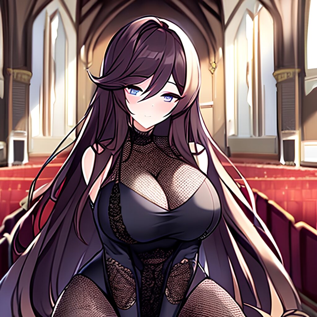 church messy hair fishnet woman brunette long hair 