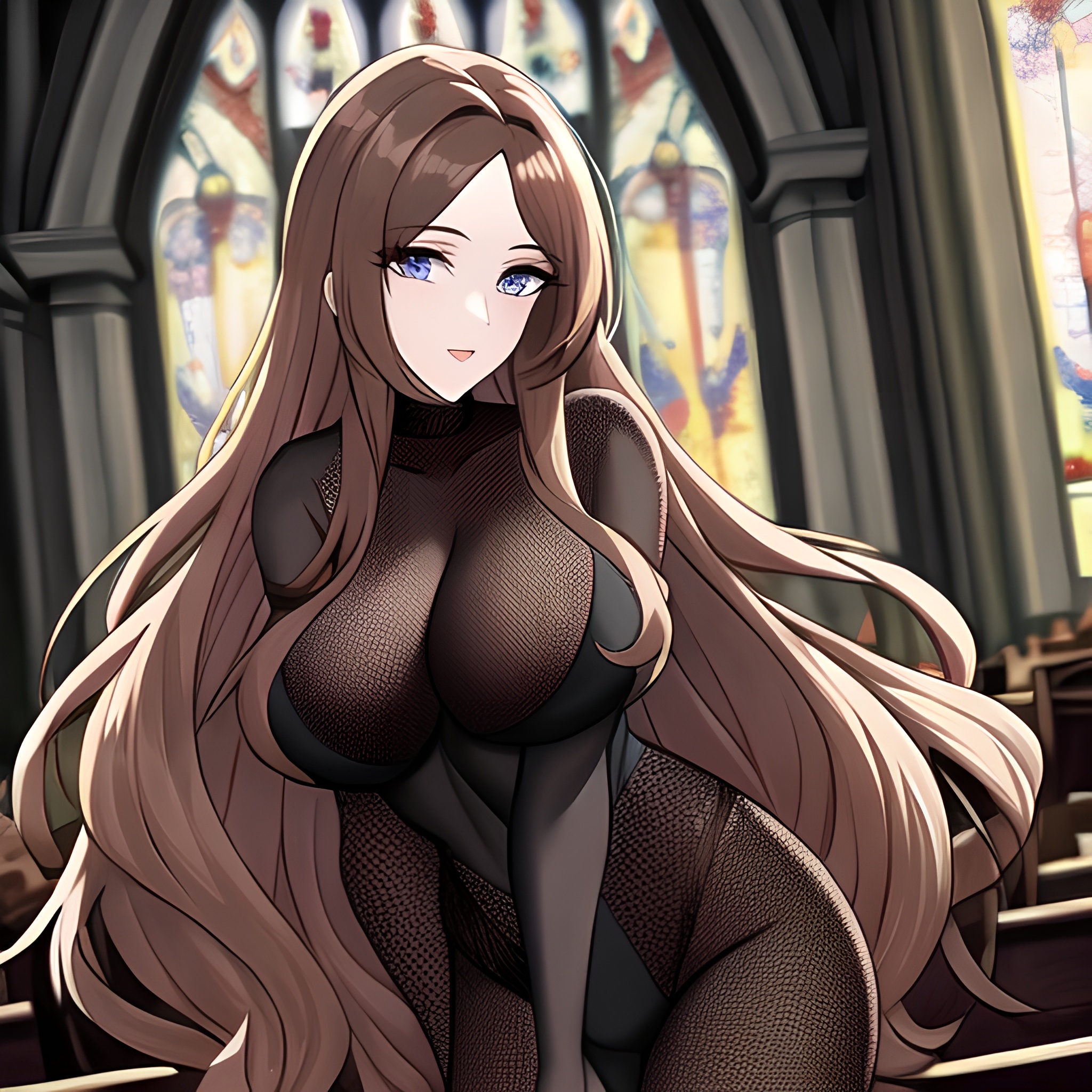 church messy hair fishnet woman brunette long hair 