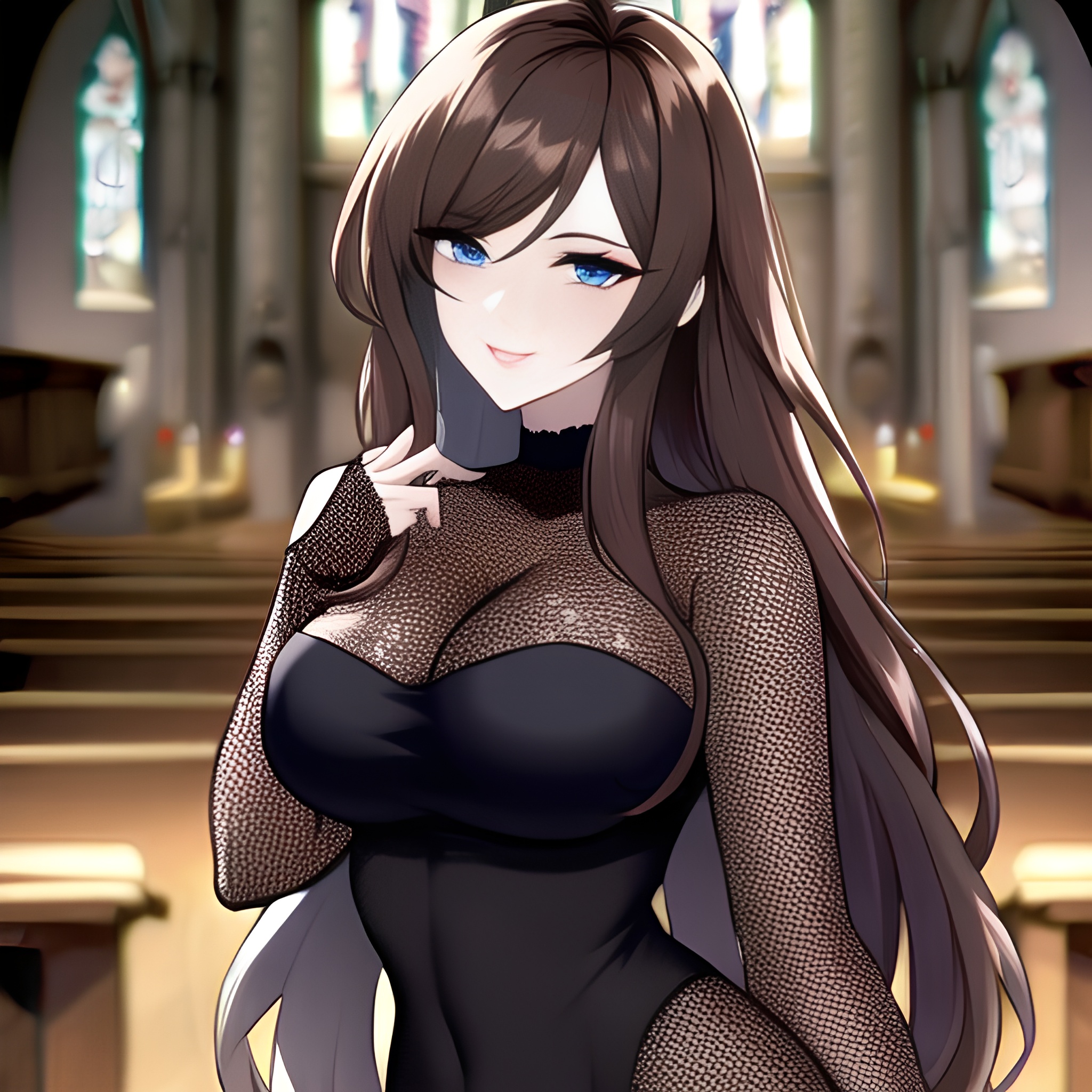 church messy hair fishnet woman long hair brunette