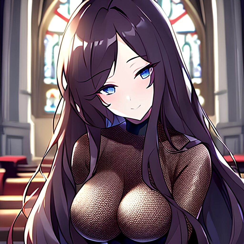 church messy hair long hair brunette fishnet woman