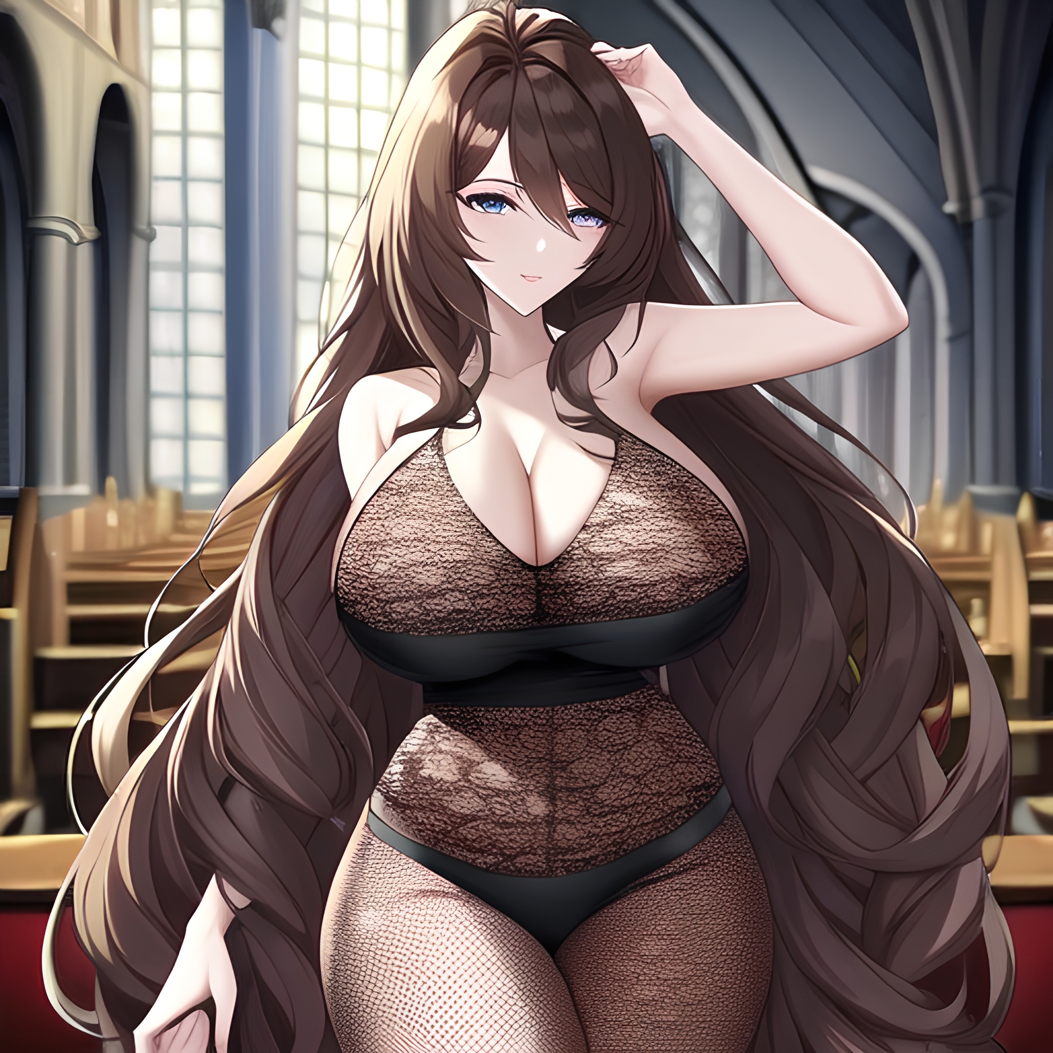 church messy hair long hair brunette fishnet woman