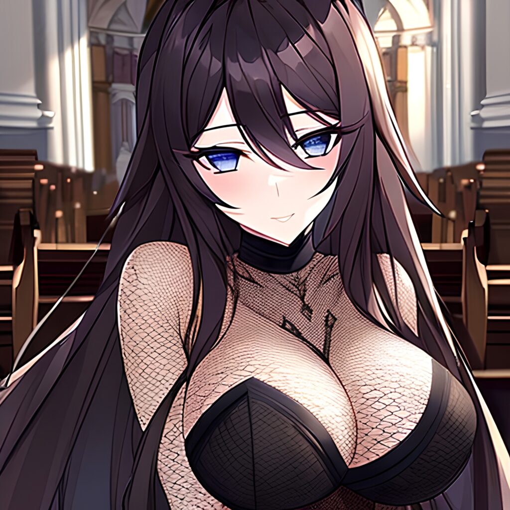 church messy hair long hair brunette woman fishnet