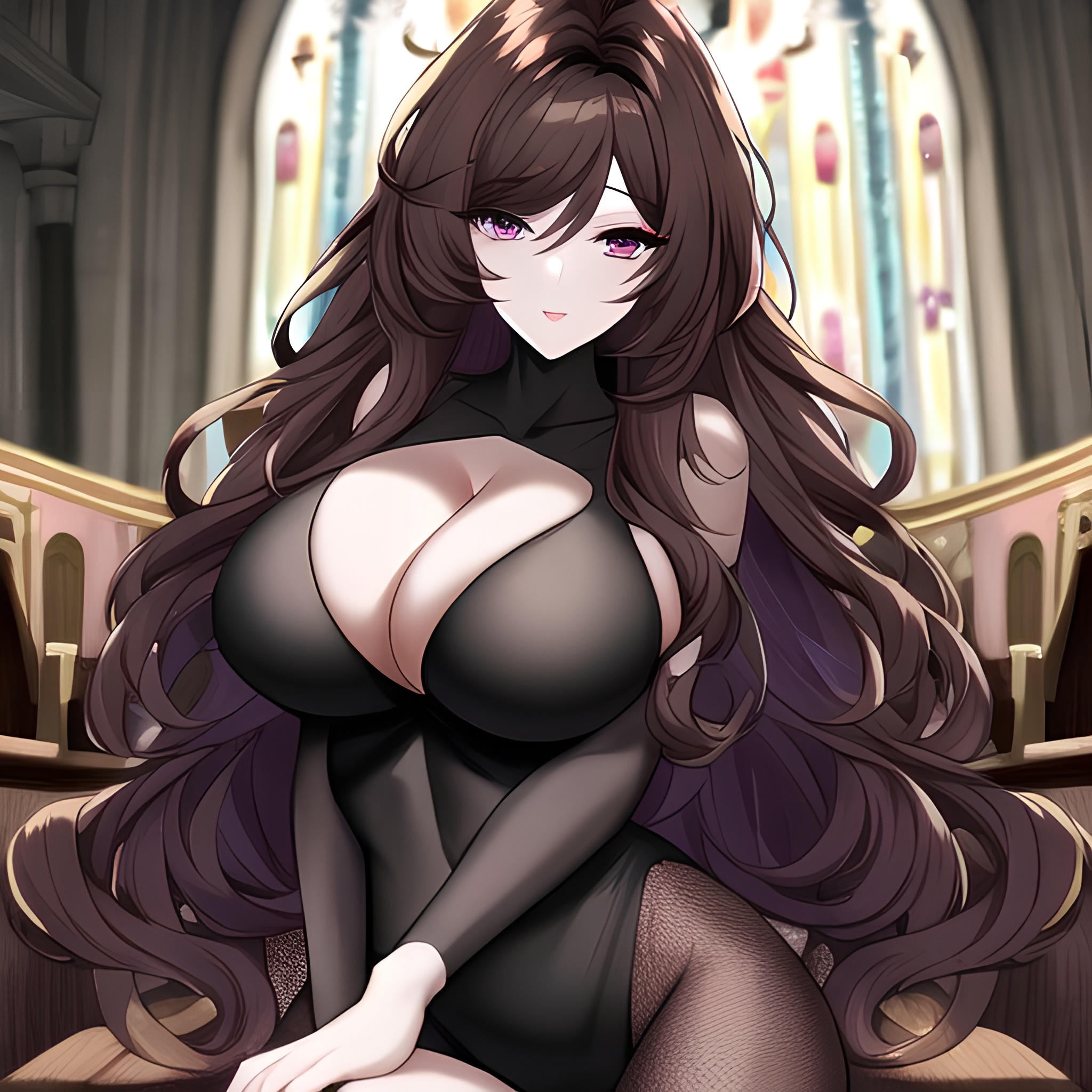 church messy hair long hair brunette woman fishnet 