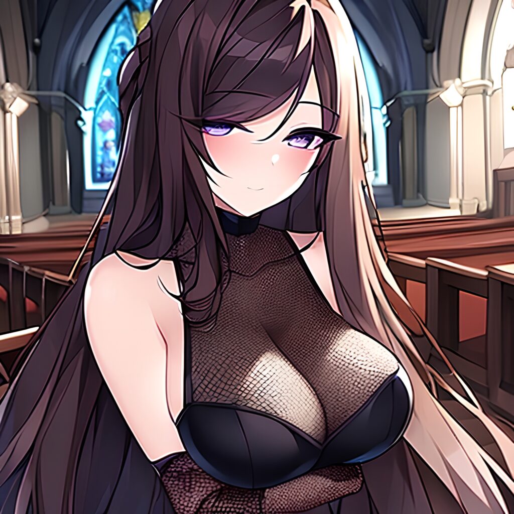 church messy hair long hair brunette woman fishnet
