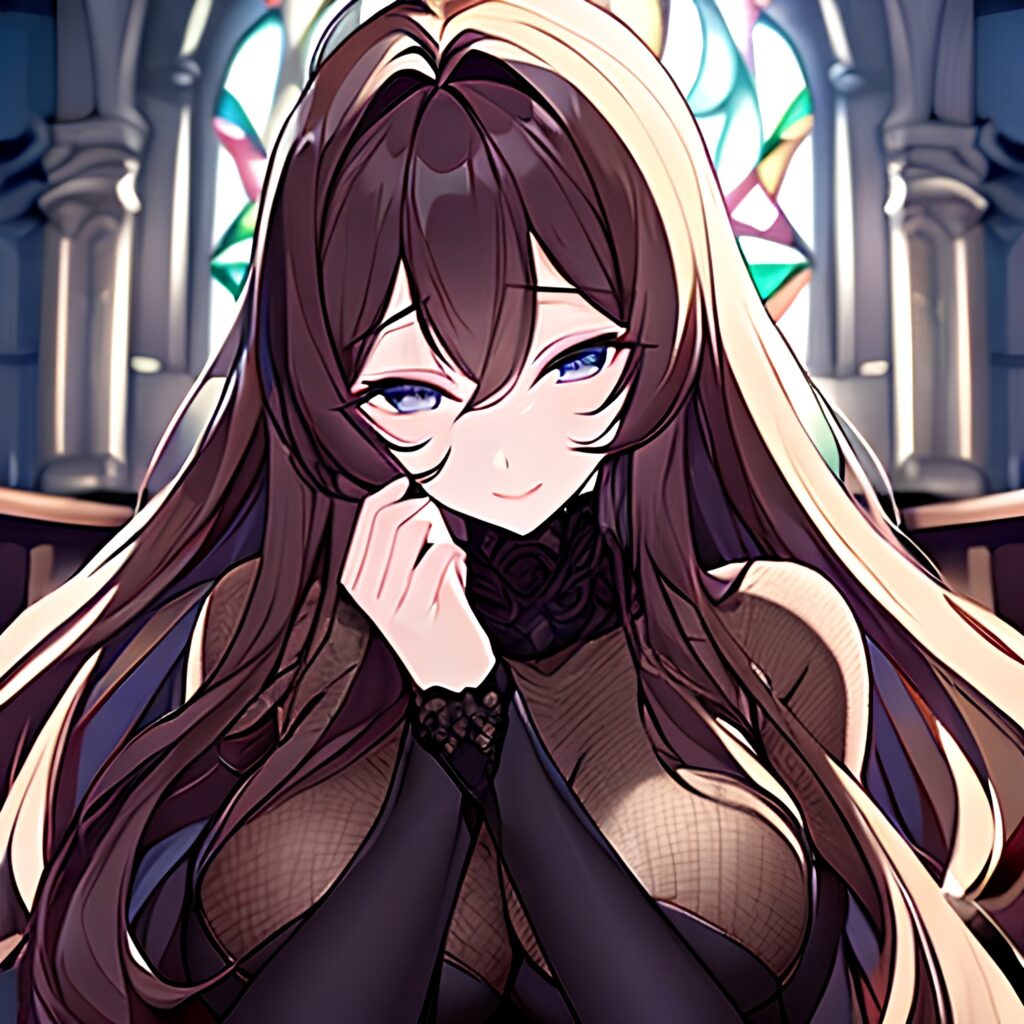 church messy hair long hair brunette woman fishnet 