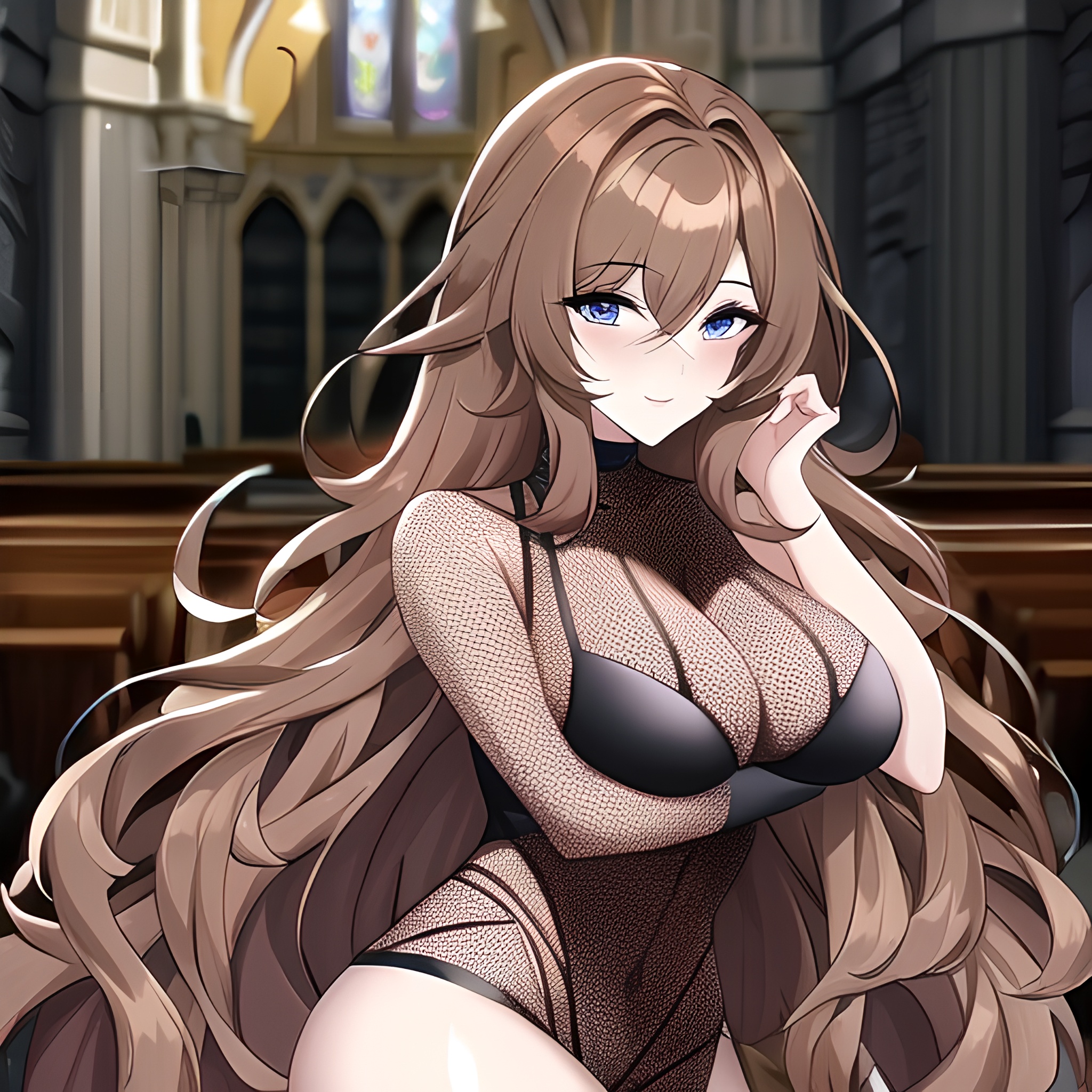 church messy hair long hair brunette woman fishnet 