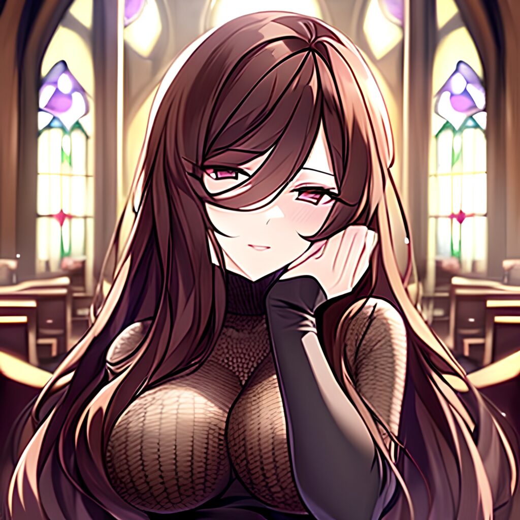 church messy hair long hair brunette woman fishnet 