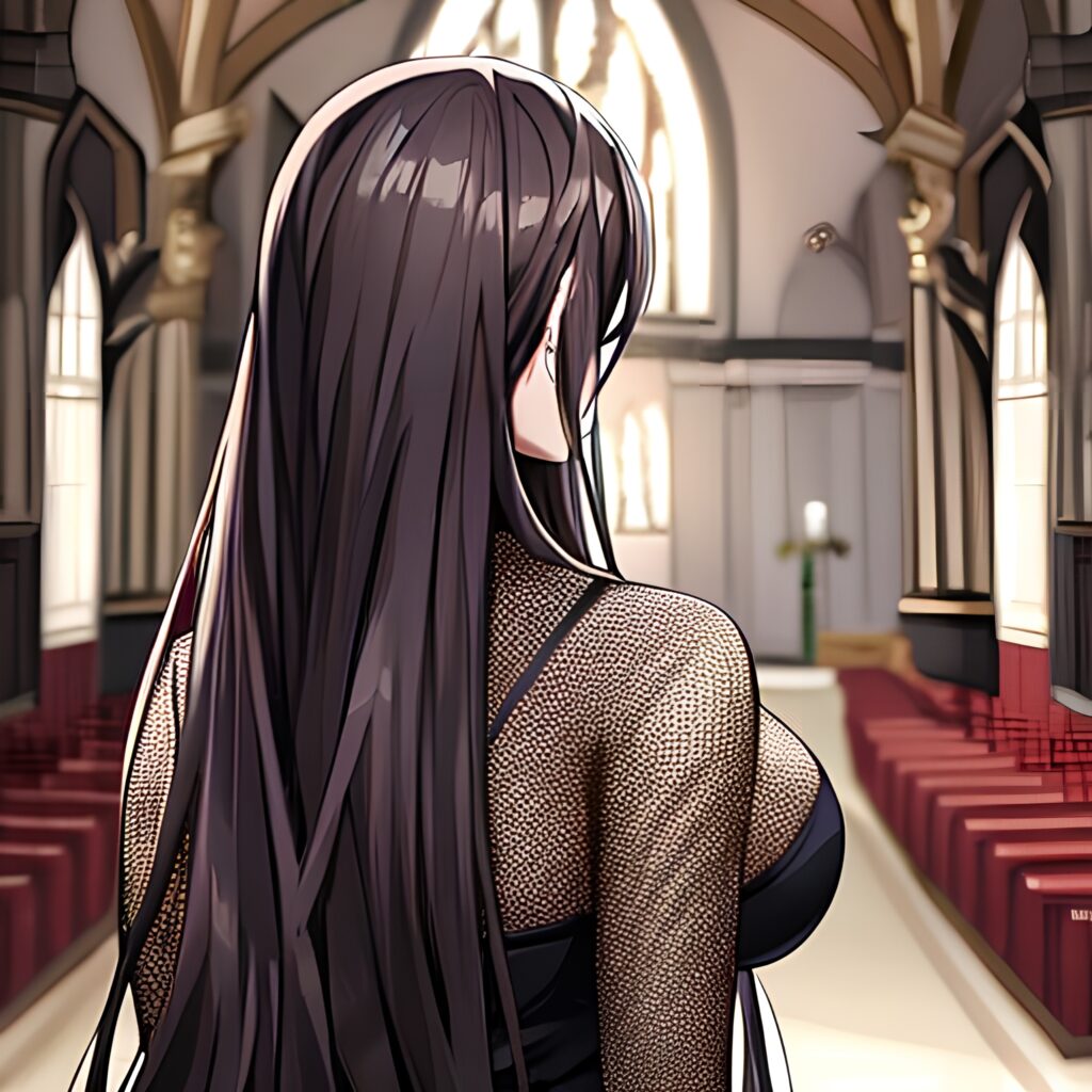 church messy hair long hair brunette woman fishnet 