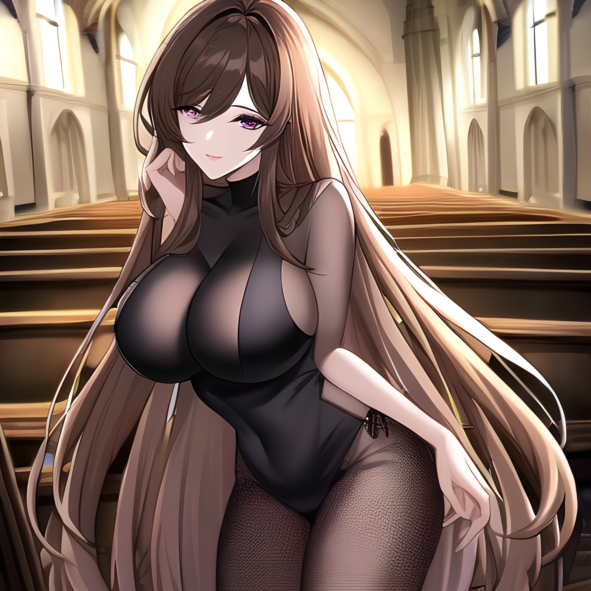 church messy hair long hair fishnet brunette woman 