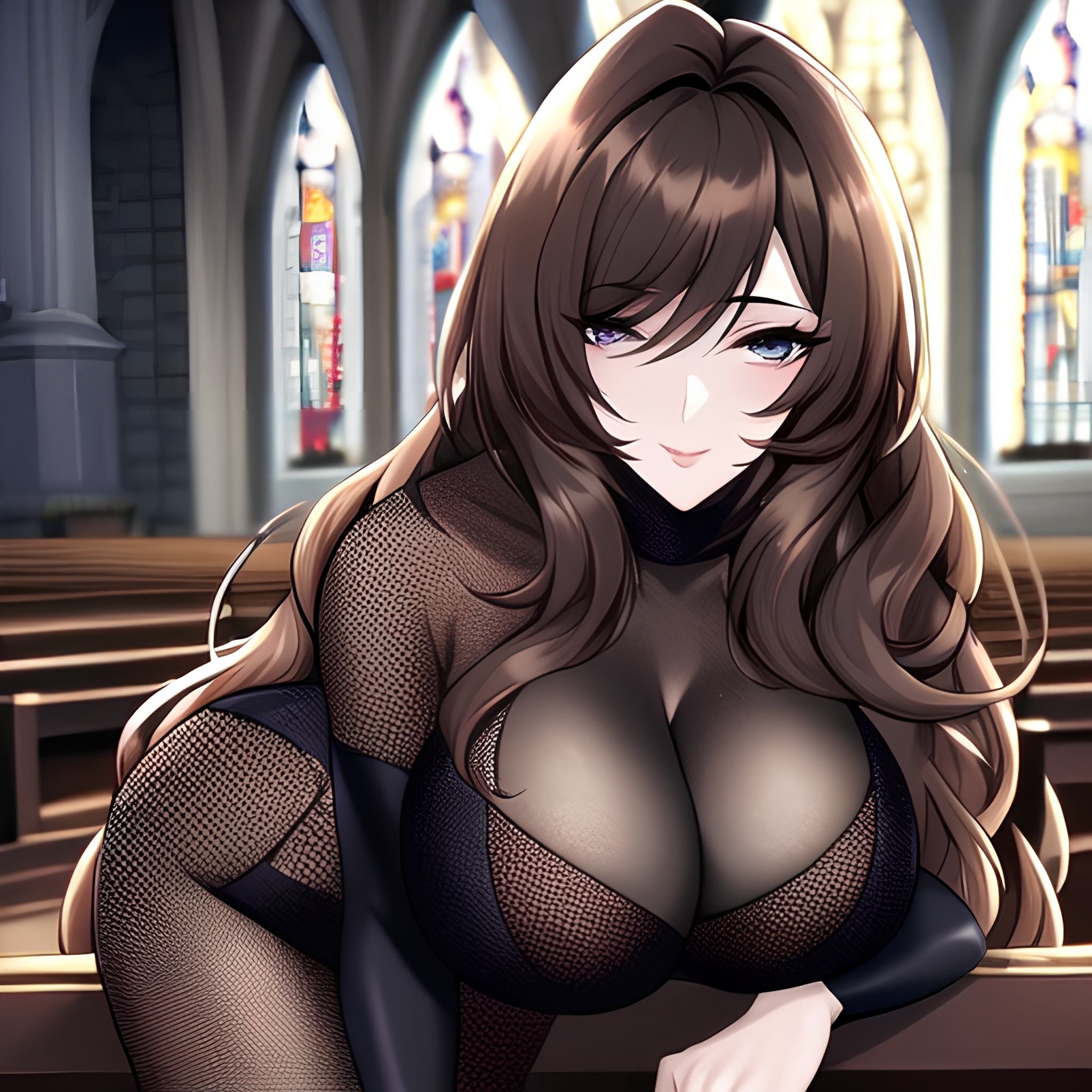 church messy hair long hair woman brunette fishnet 