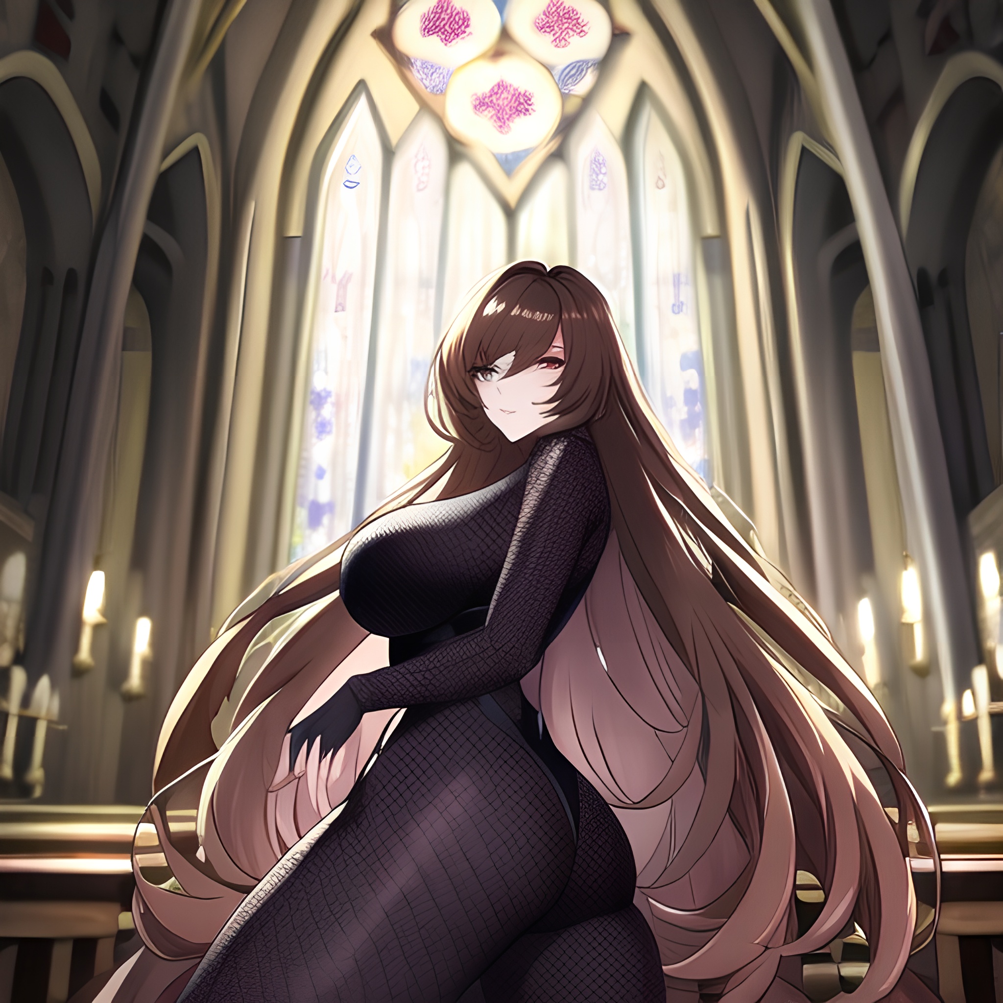 church messy hair long hair woman brunette fishnet 