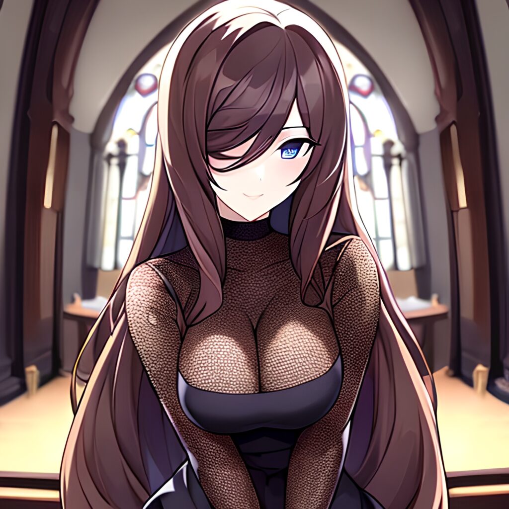 church messy hair long hair woman brunette fishnet 